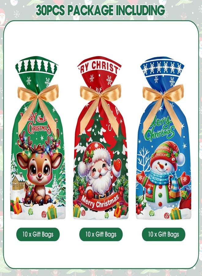 PERFQU 30 Pcs Merry Xmas Gift Bags - Christmas Drawstring Goodie Bags, Blue Red Green Plastic Christmas Treat Candy Goodie Cookie Favor Bag Bulk for Winter Xmas Holiday Christma Party Favors Supplies - Image 4